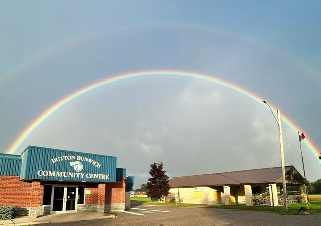 Photo pof a rainbow over the Dutton Community Centre