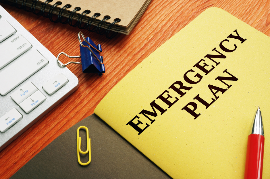 A notebook titled "Emergency Plan"